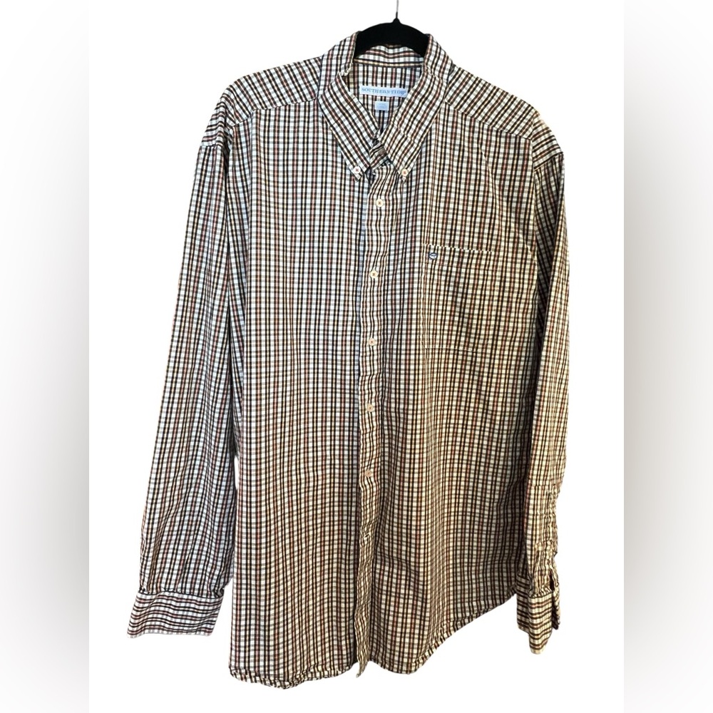 Southern Tide‎ Brown & White Checkered Officecore Shirt men's size XXL